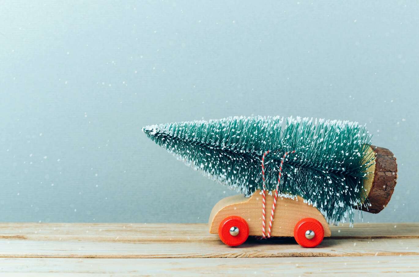 Foto eines kleinen Christbaums auf einem Spielzeugauto.